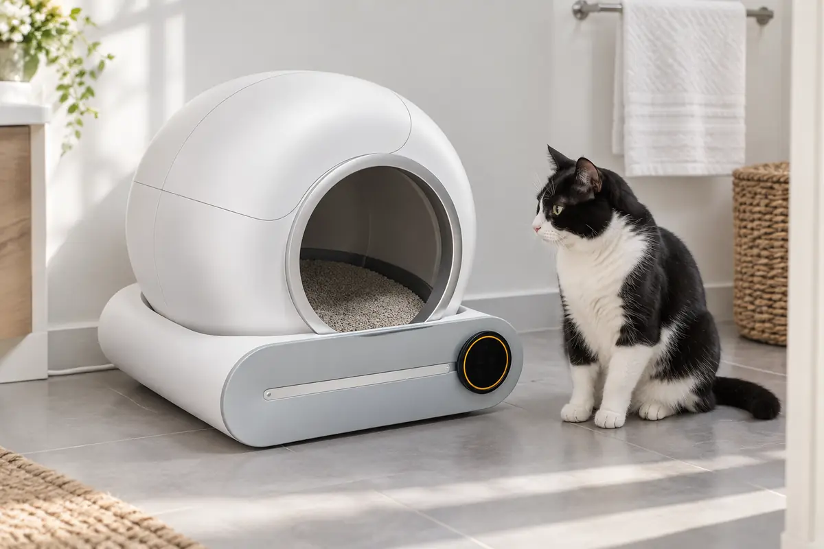 La capsule posée sur le carrelage d'une salle d'eau claire, un chat noir et blanc assis à côté