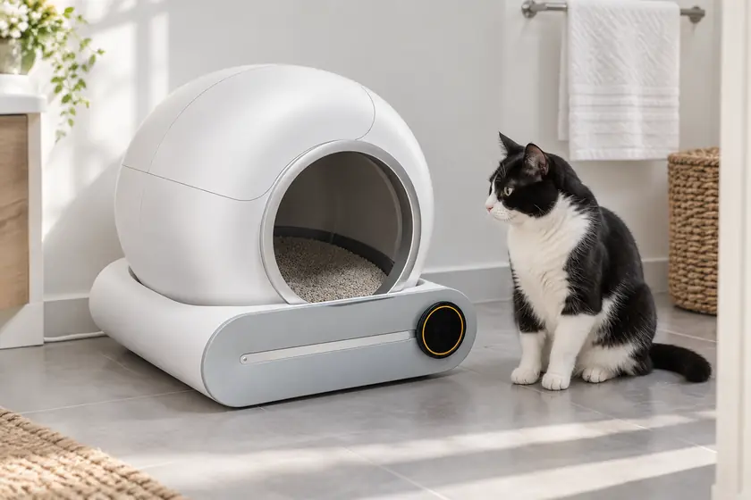 La capsule posée sur le carrelage d'une salle d'eau, un chat noir et blanc assis à côté