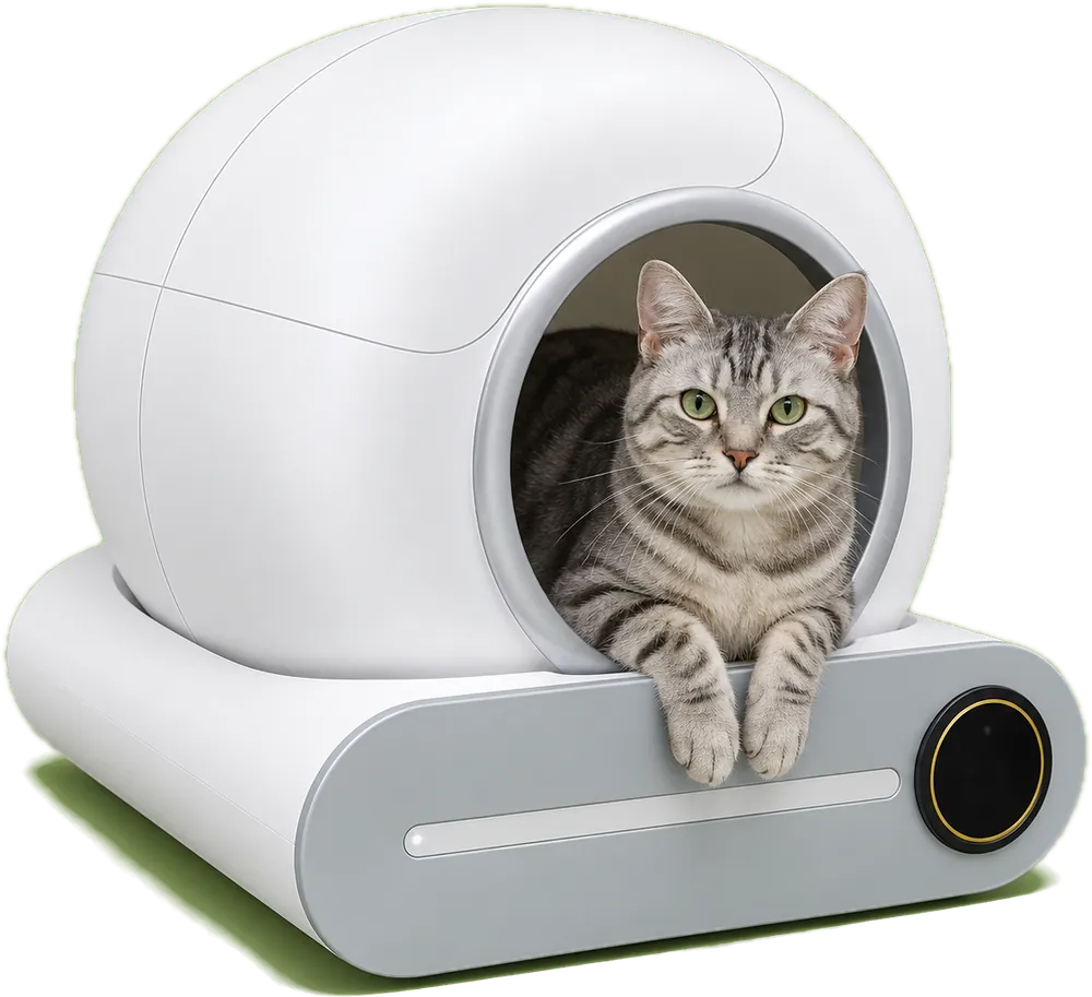Chat tigré gris couché dans la porte ronde de la capsule, les pattes avant posées sur le socle