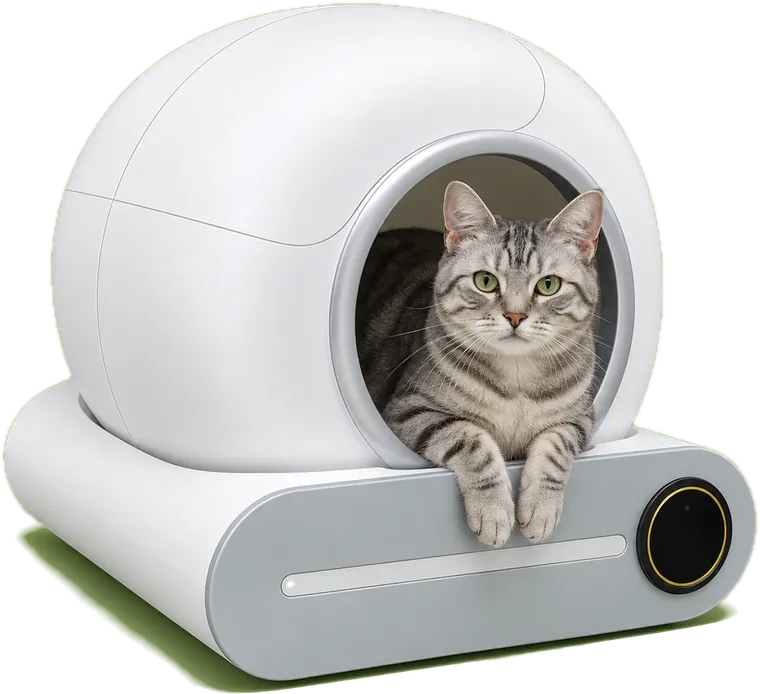 Litière autonettoyante CABANE en capsule fermée blanche sur son socle gris, un chat tigré gris couché dans la porte ronde