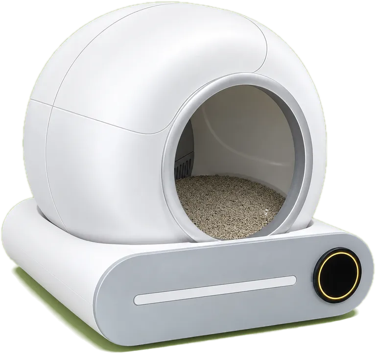 La litière autonettoyante CABANE vue de trois quarts : capsule blanche, porte ronde cerclée de gris, socle avec bandeau gris et cadran rond