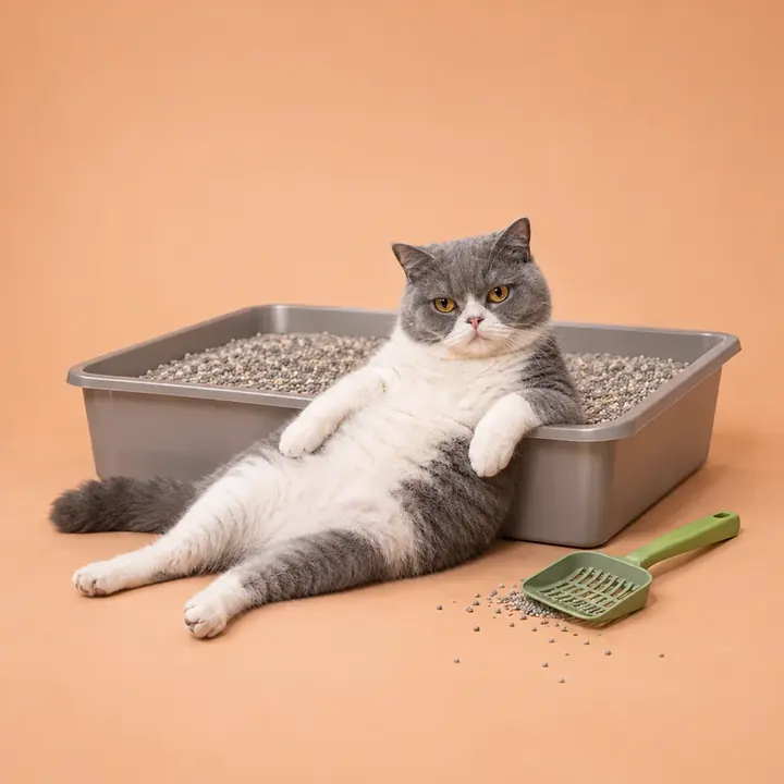 Chat gris et blanc avachi contre un bac à litière ordinaire, une pelle verte posée devant