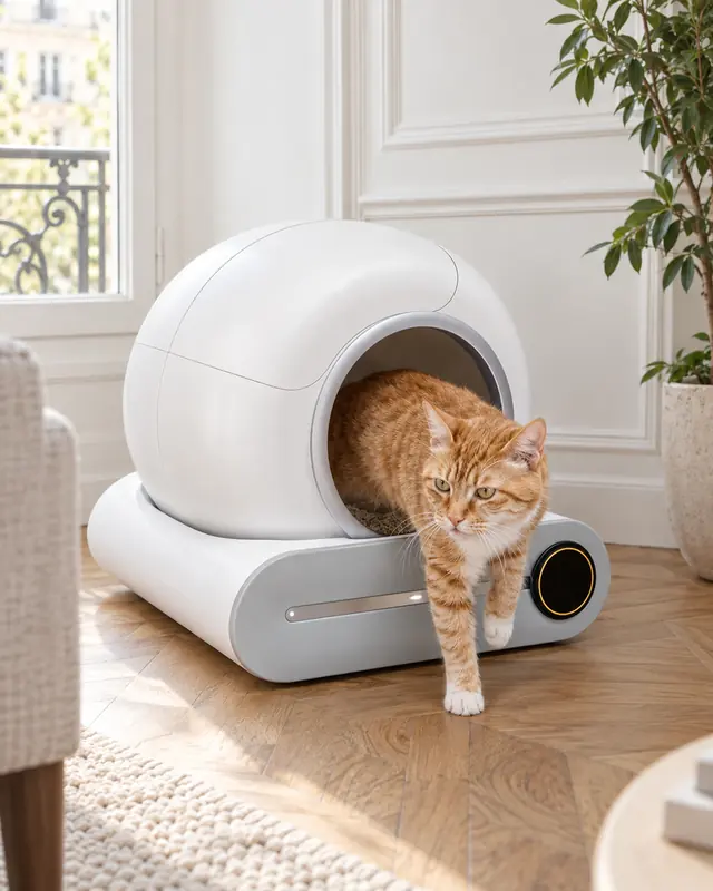 Chat roux qui sort de la capsule CABANE dans un salon clair au parquet de chêne